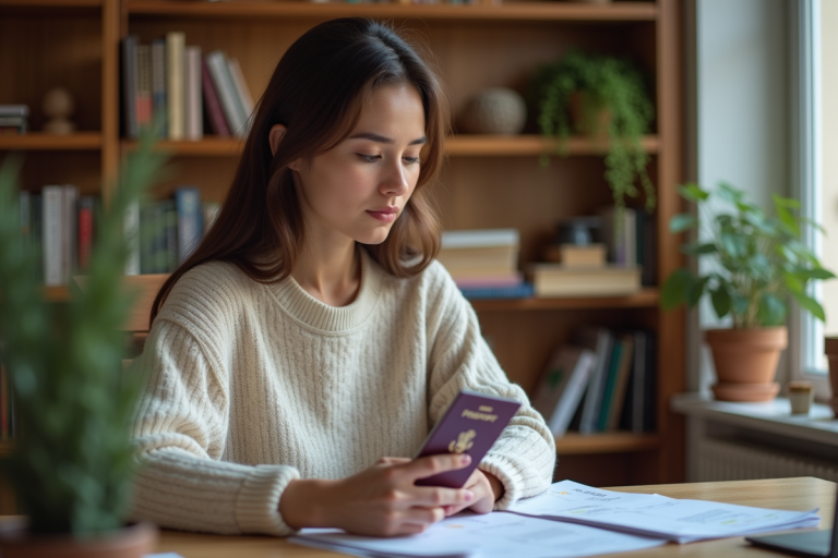 Jeune femme organise ses papiers de voyage dans un intérieur chaleureux
