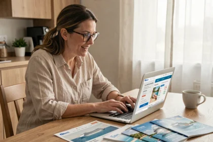 Femme comparant des offres de croisières pas chères sur son ordinateur portable à la maison