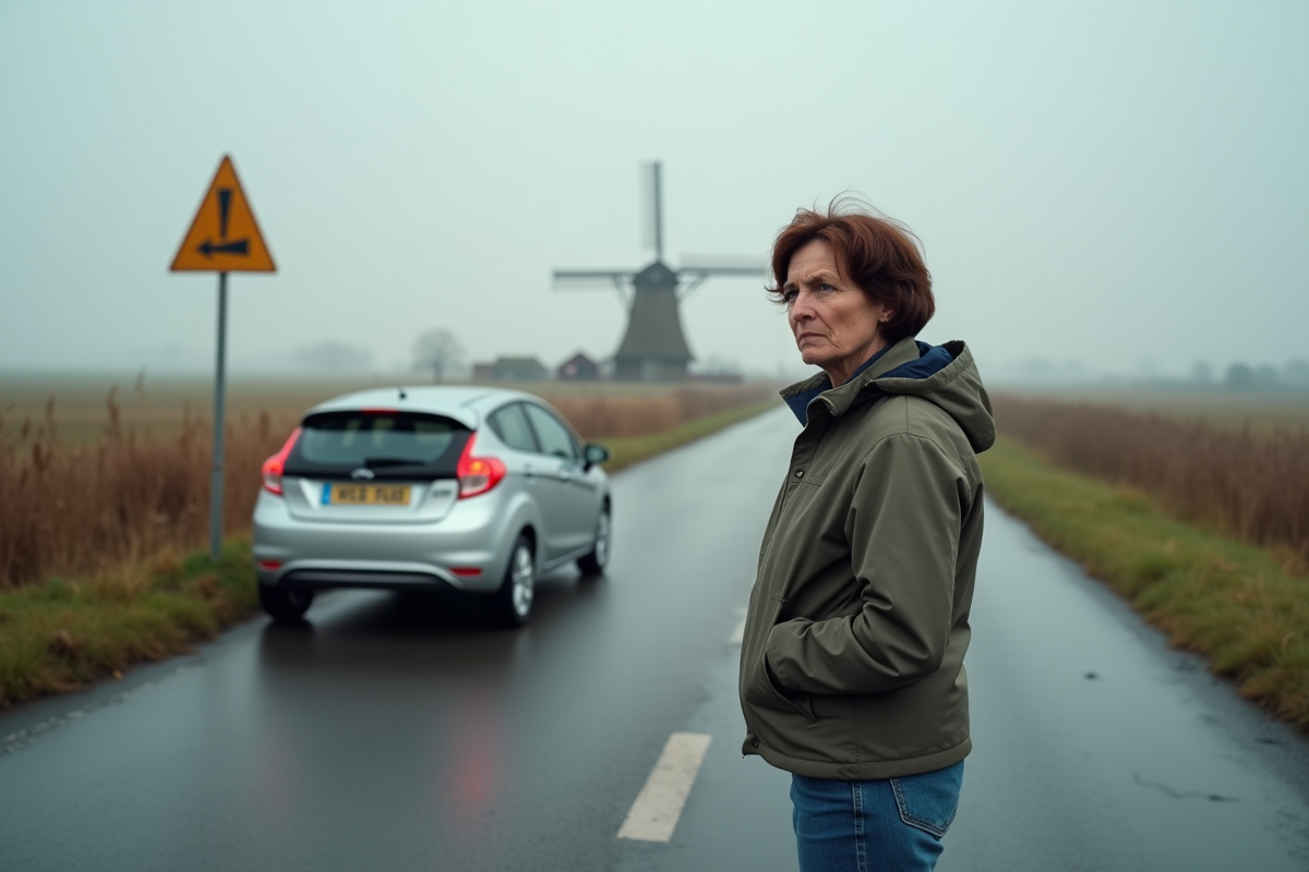 Femme examinant un panneau de signalisation routière aux Pays-Bas