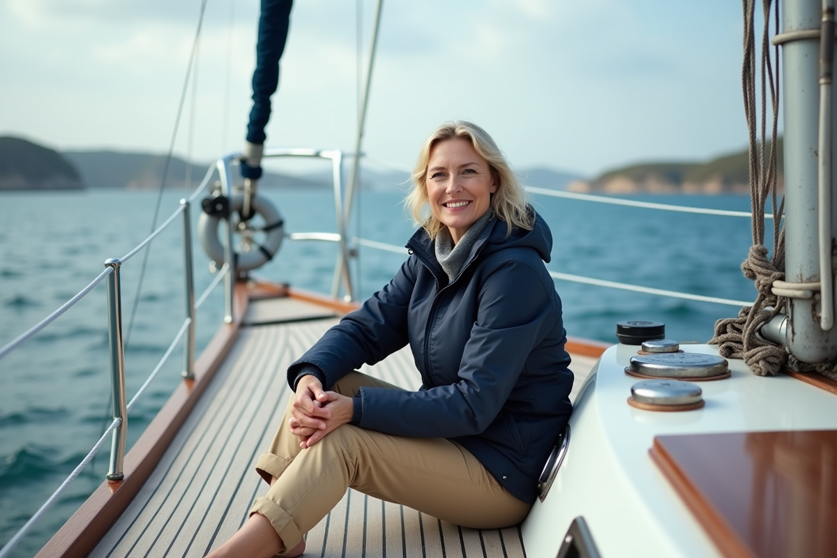 Femme confiante sur un voilier au large