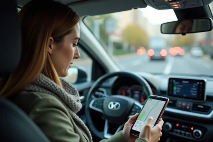 Femme dans sa voiture regardant son smartphone avec carte digitale