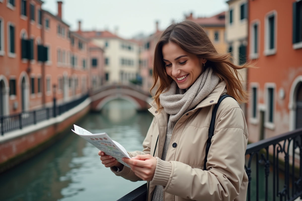 Femme souriante sur un pont vénitien avec canal et bâtiments