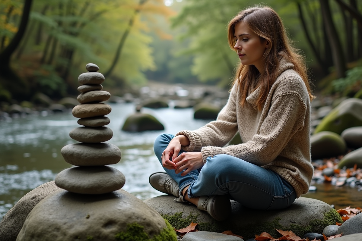 Femme méditative en sweater empilant des pierres dans la nature