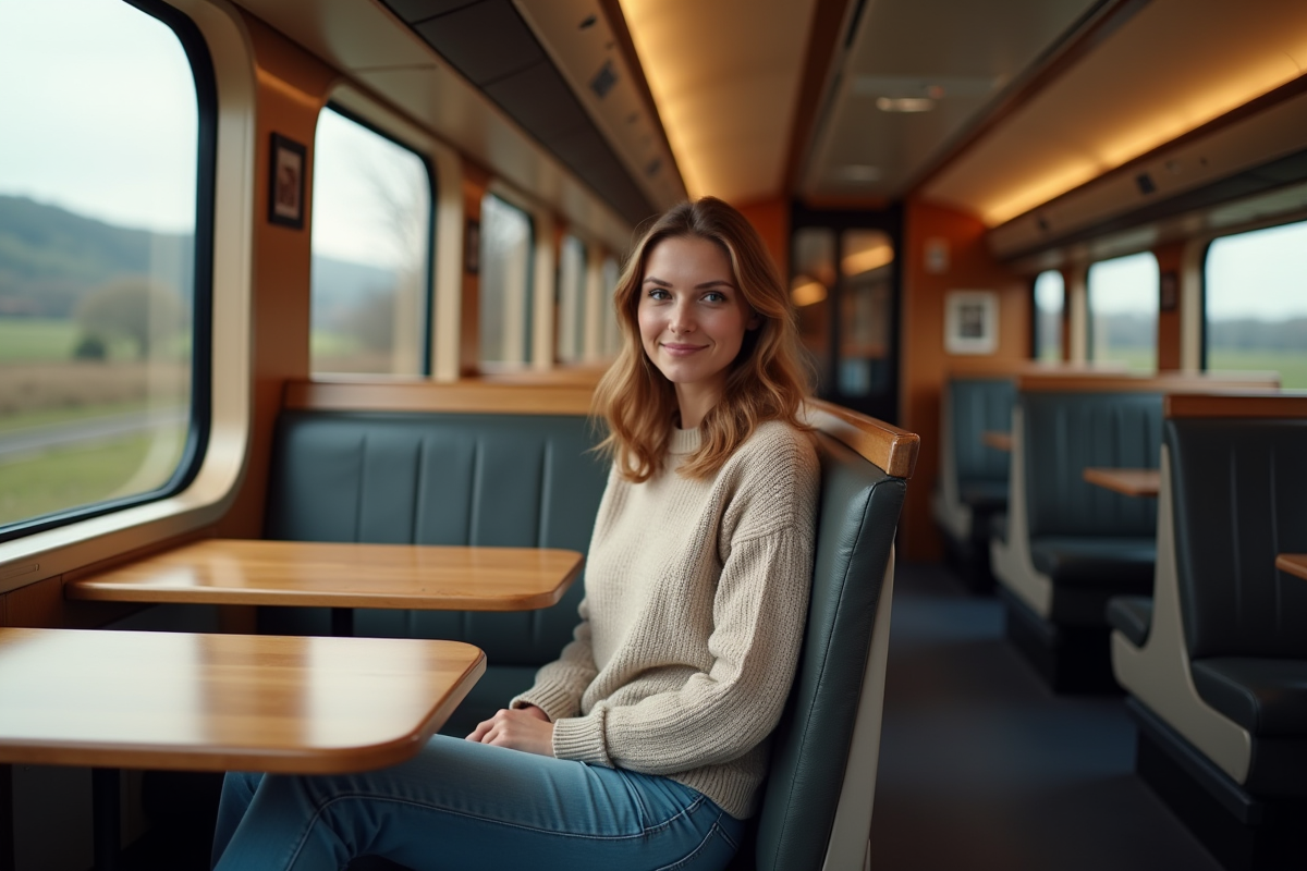 Jeune femme souriante dans un train panoramique européen