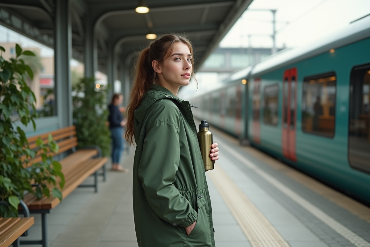 Jeune femme en plein air près d'un train électrique