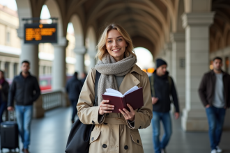 Femme avec passeport et billets à la gare européenne