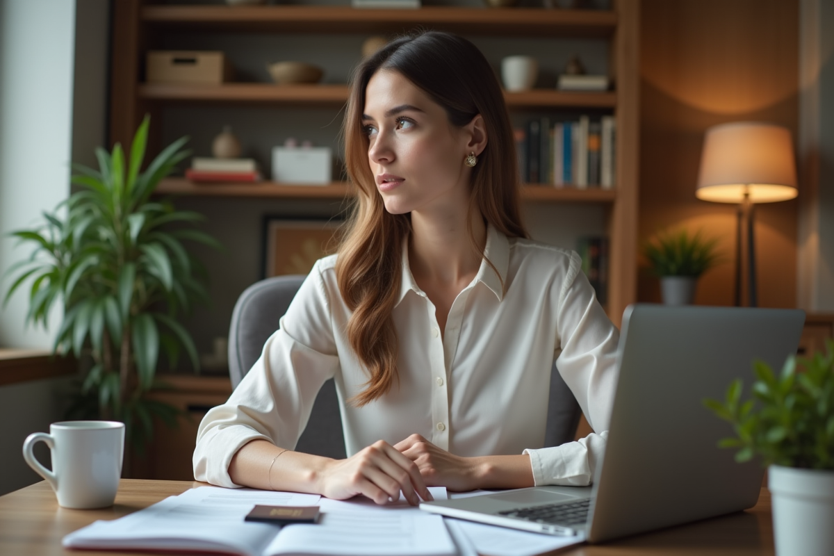 Jeune femme au bureau à domicile en pleine réflexion