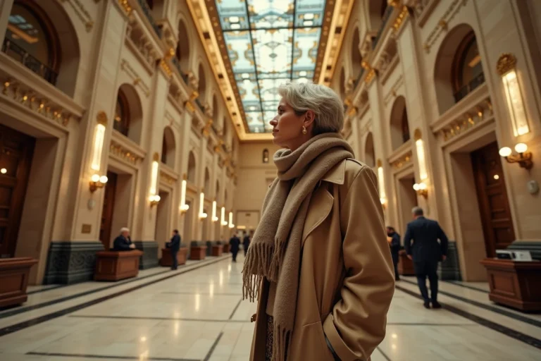 Femme en trench beige dans le lobby du Woolworth Building