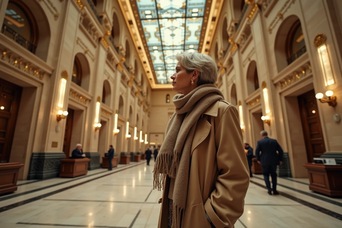 Femme en trench beige dans le lobby du Woolworth Building