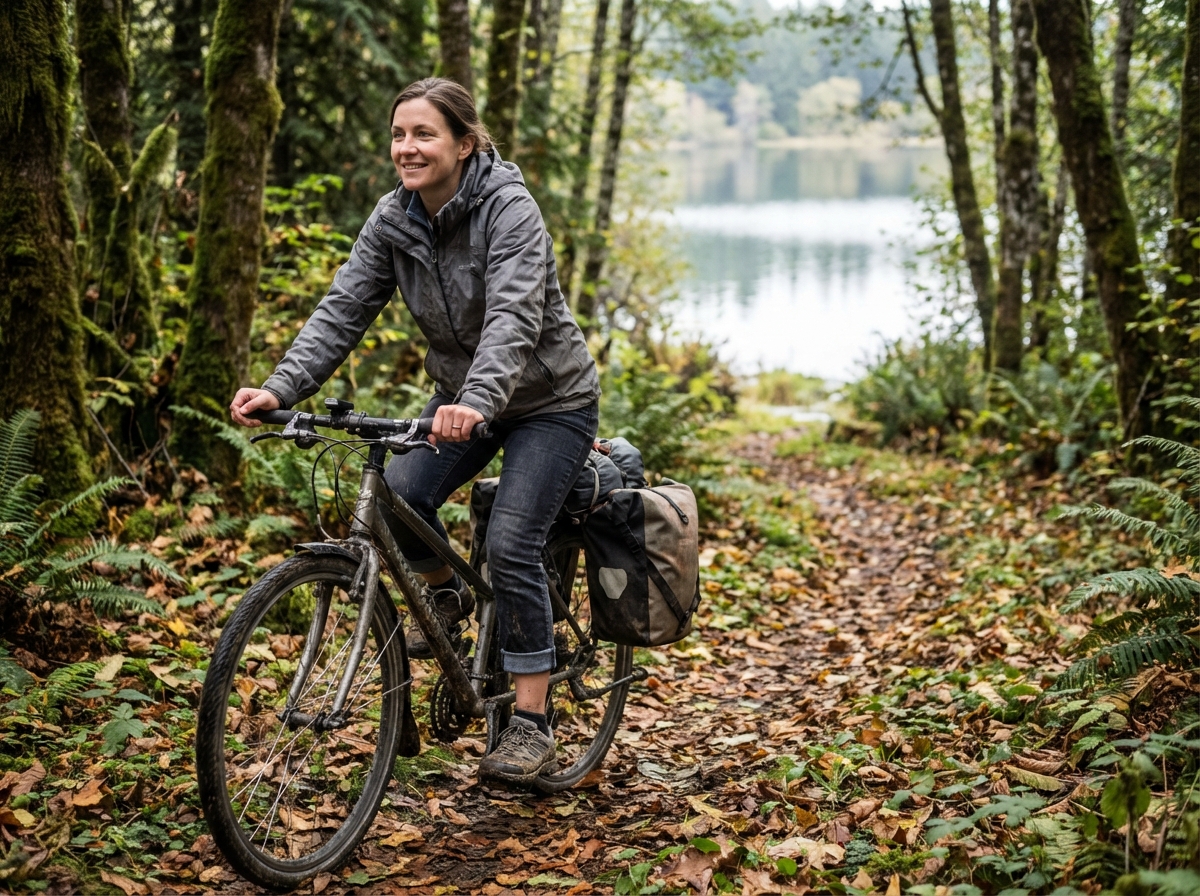 Femme souriante en randonnée à vélo dans la forêt