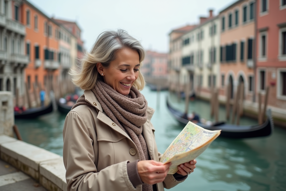 Femme souriante regardant une carte de Venise au canal