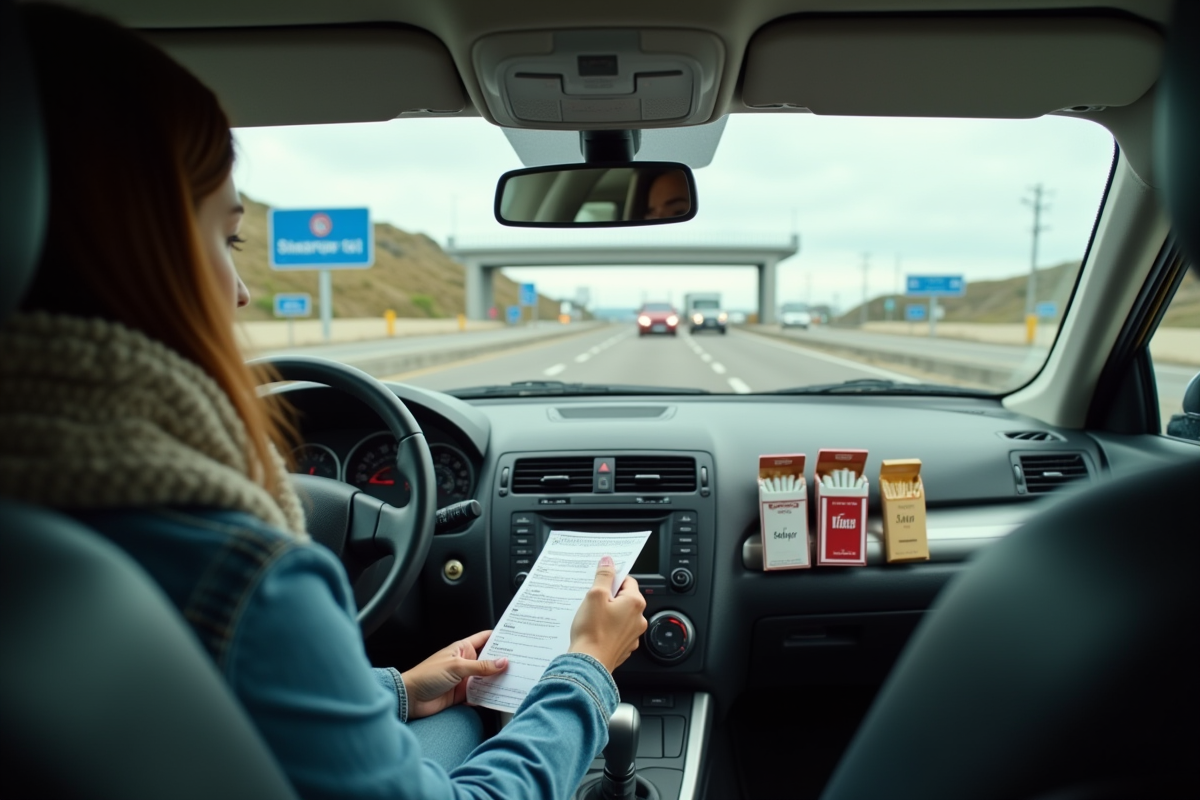 Jeune femme vérifiant une liste dans sa voiture au passage frontière