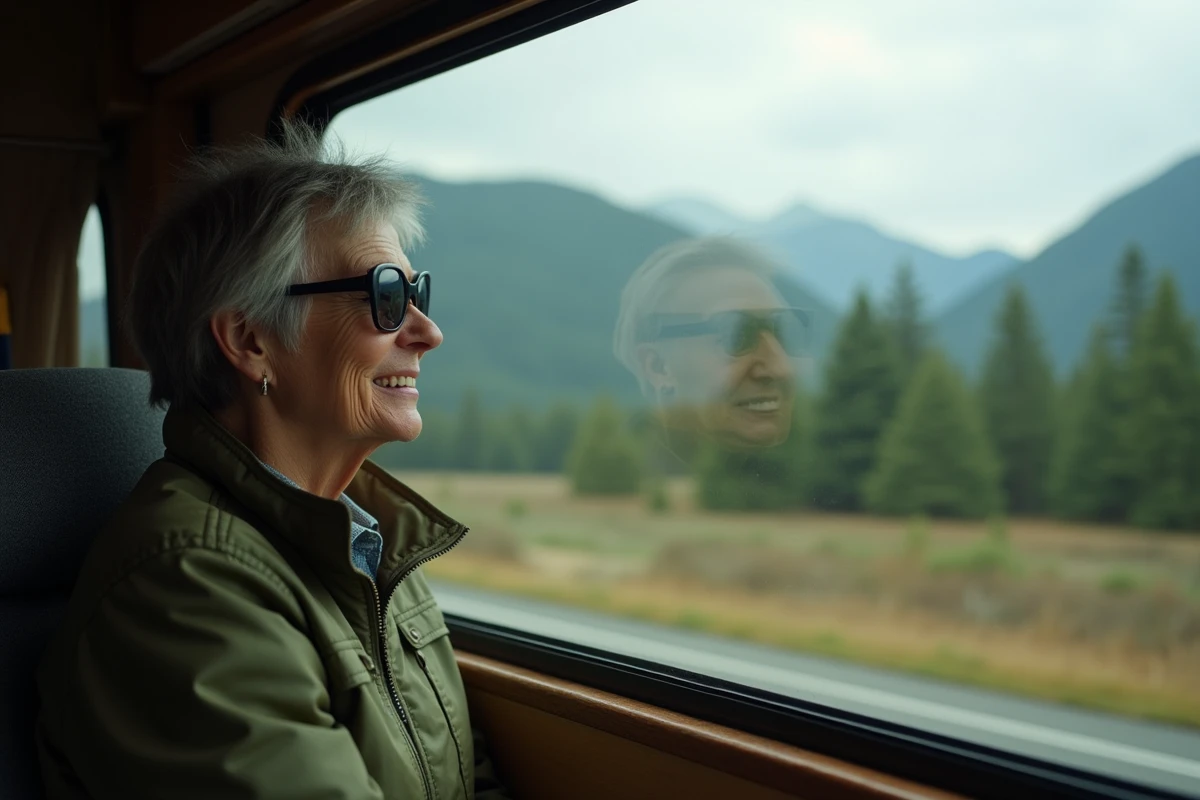 Femme contemplant le paysage depuis un camping-car en for&ecirc;t