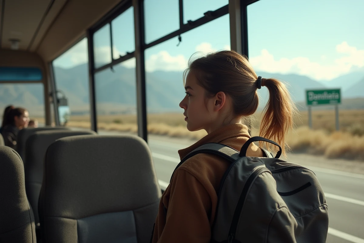 Jeune femme regardant par la fenêtre du bus vers Dancharia