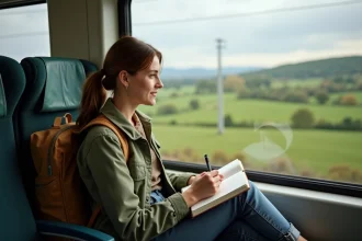 Jeune femme en train de voyager en train écologique
