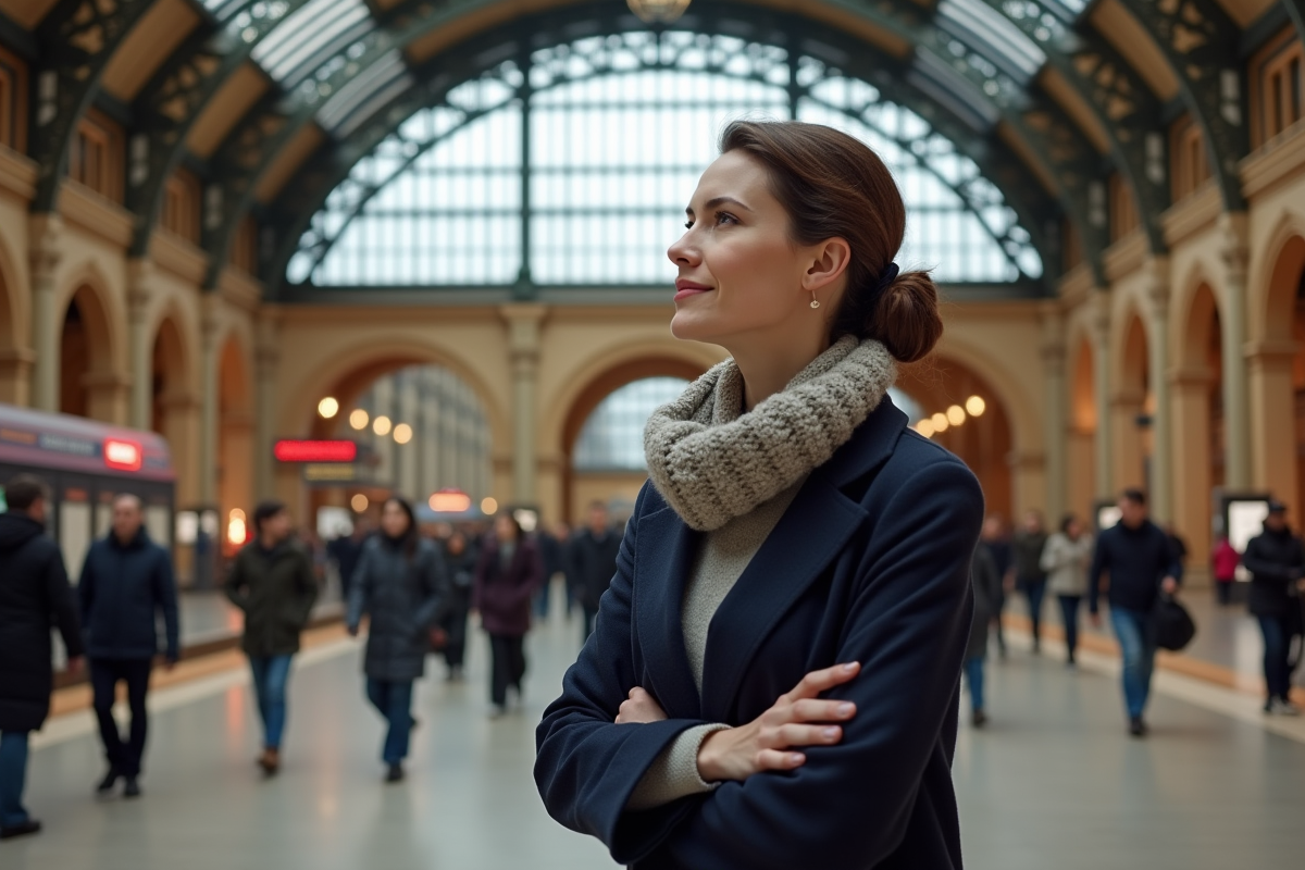 Femme élégante dans une gare avec architecture en fer forgé
