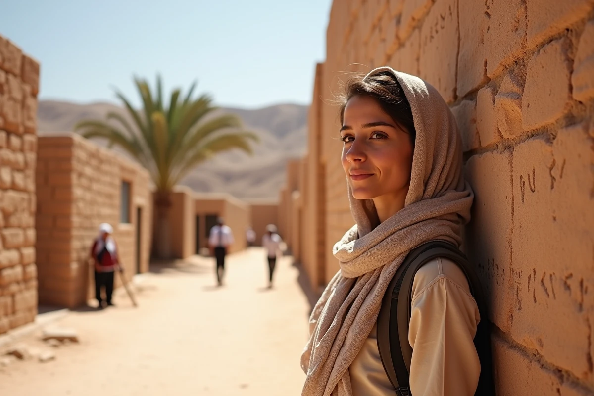 Jeune femme regardant des symboles berbères dans l oasis de Ksar Ghilane
