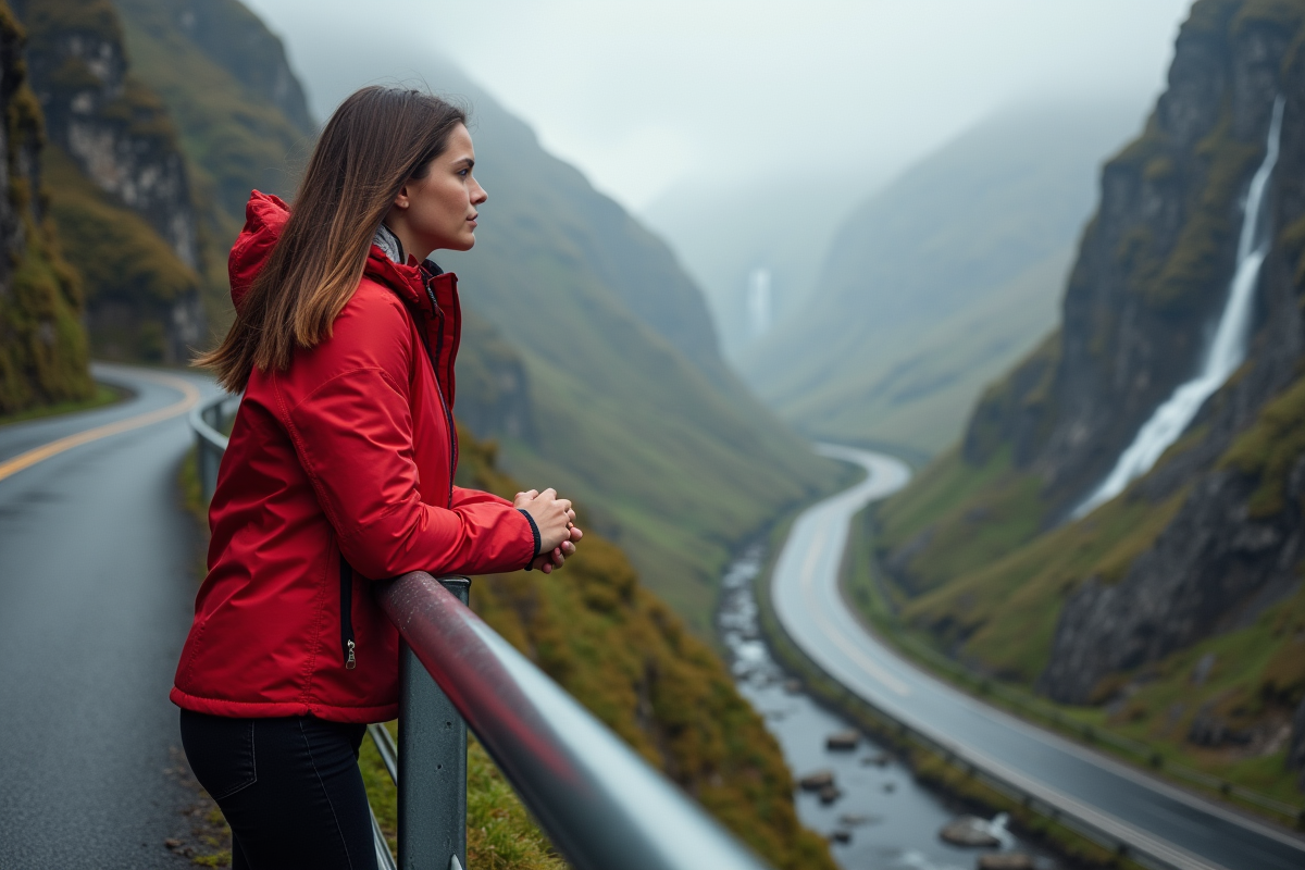 Jeune femme regardant la route en spirale Trollstigen Norvege