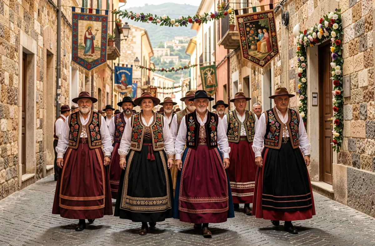 Procession de fête traditionnelle sicilienne à Corleone avec participants en costumes folkloriques colorés dans une ruelle médiévale
