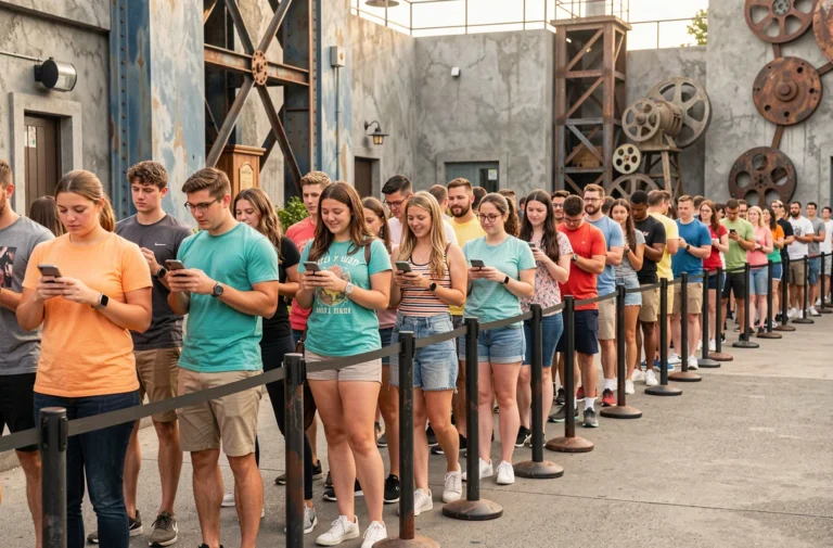 File d'attente de visiteurs devant une attraction du Parc Walt Disney Studios avec décor industriel cinématographique