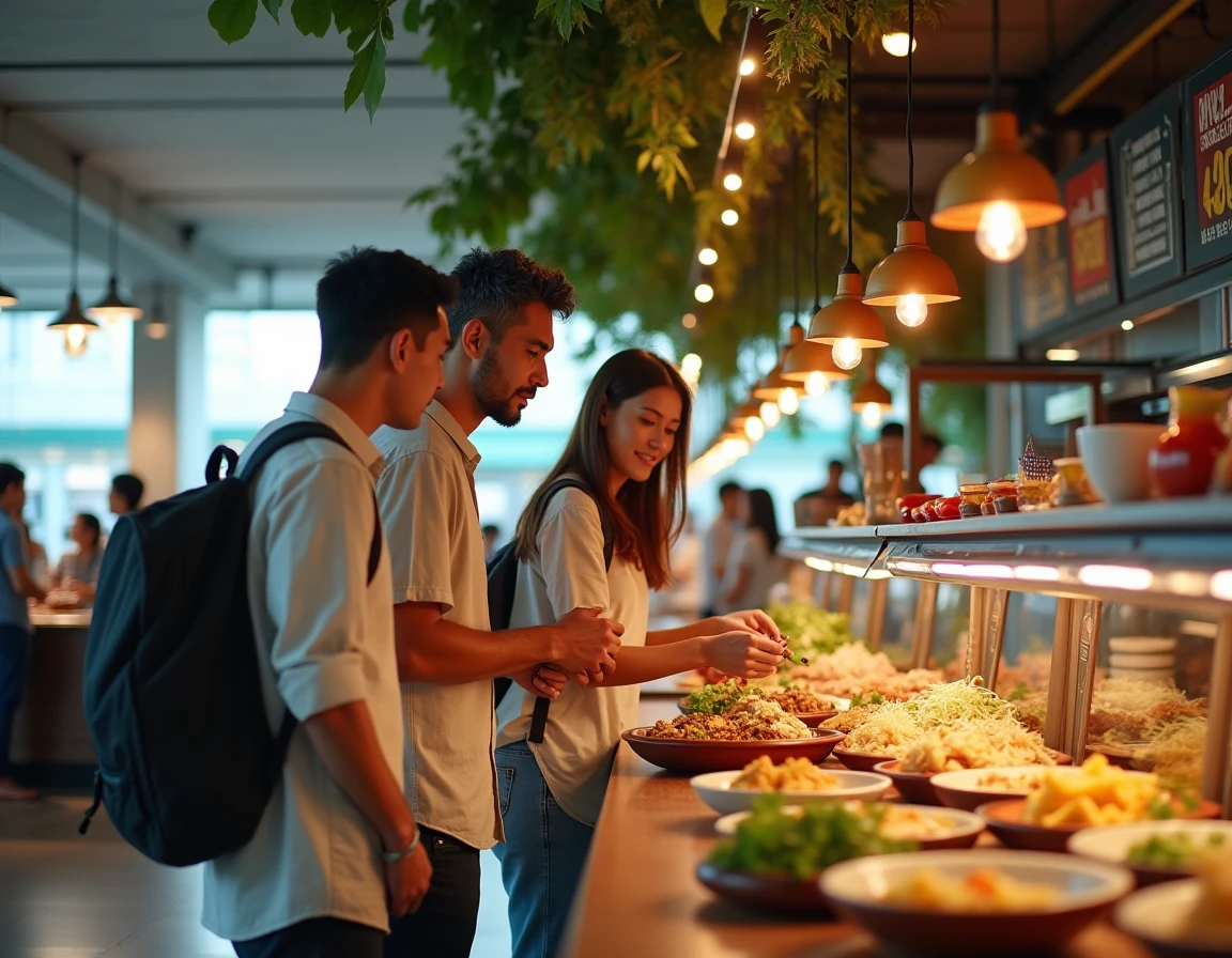 Touristes d&eacute;couvrant le nouveau food hall moderne d'un hub de transports &agrave; Kuala Lumpur en 2026