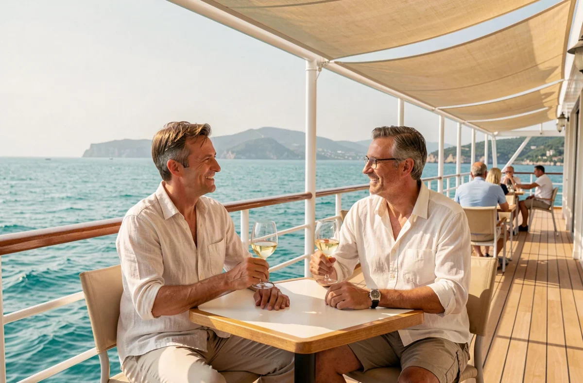 Couple dégustant un verre de vin blanc en terrasse sur un paquebot MSC avec vue sur la Méditerranée