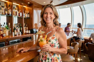 Femme souriante tenant un cocktail tropical au bar d'une croisière MSC, vue panoramique sur l'océan en arrière-plan