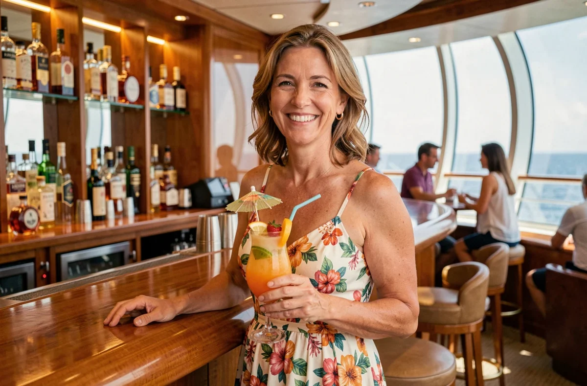 Femme souriante tenant un cocktail tropical au bar d'une croisière MSC, vue panoramique sur l'océan en arrière-plan