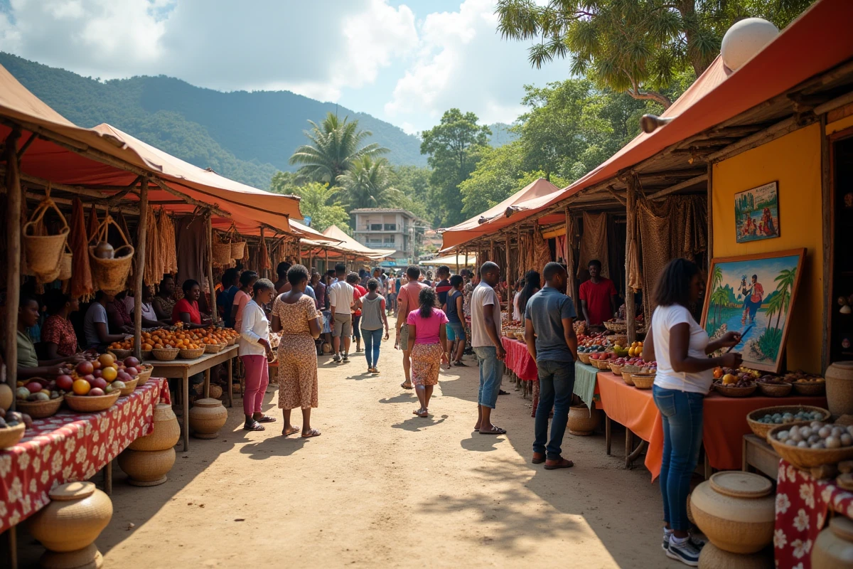Marché artisanal animé à Ganère en Haïti avec artisans locaux, peintures murales et produits traditionnels haïtiens en 2026