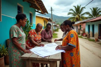 Habitants de Ganère en Haïti examinant des plans de développement local devant un bâtiment communautaire coloré en 2026