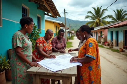 Habitants de Ganère en Haïti examinant des plans de développement local devant un bâtiment communautaire coloré en 2026