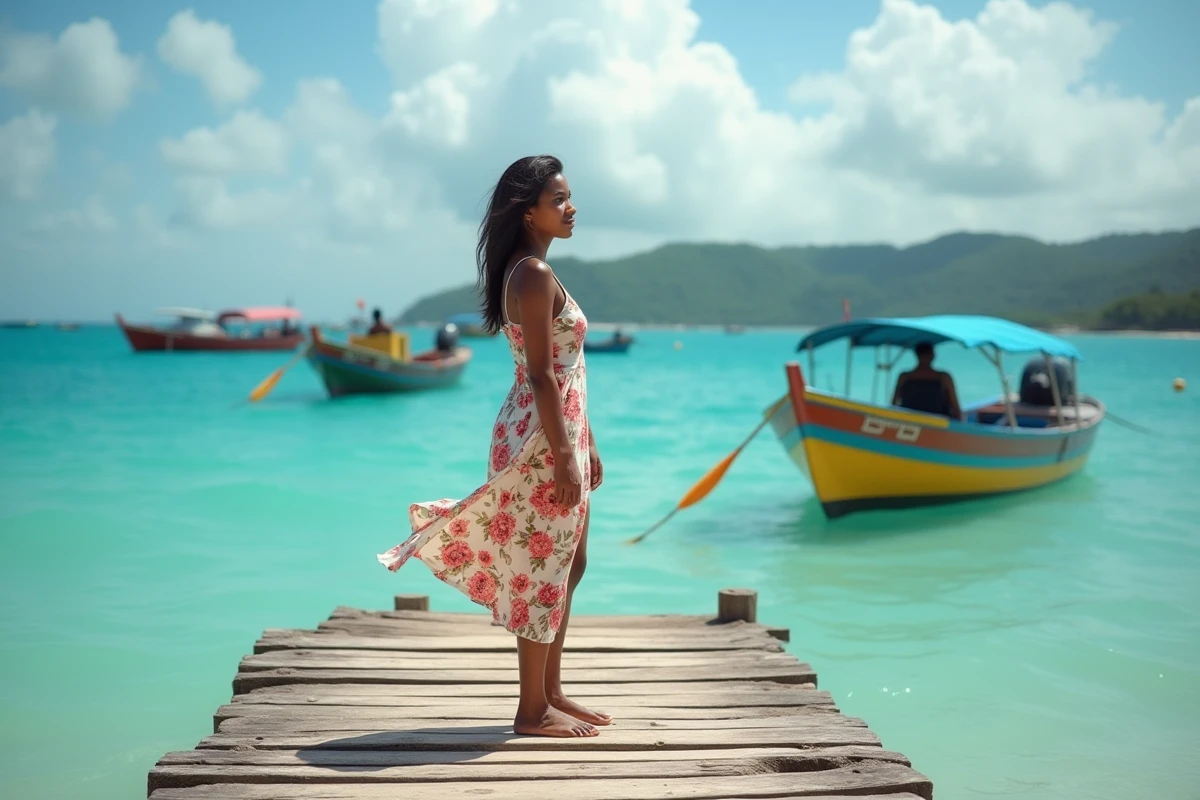 Femme haïtienne sur un dock en bois face à la mer turquoise de Ganère, Haïti, représentant le potentiel touristique de la région