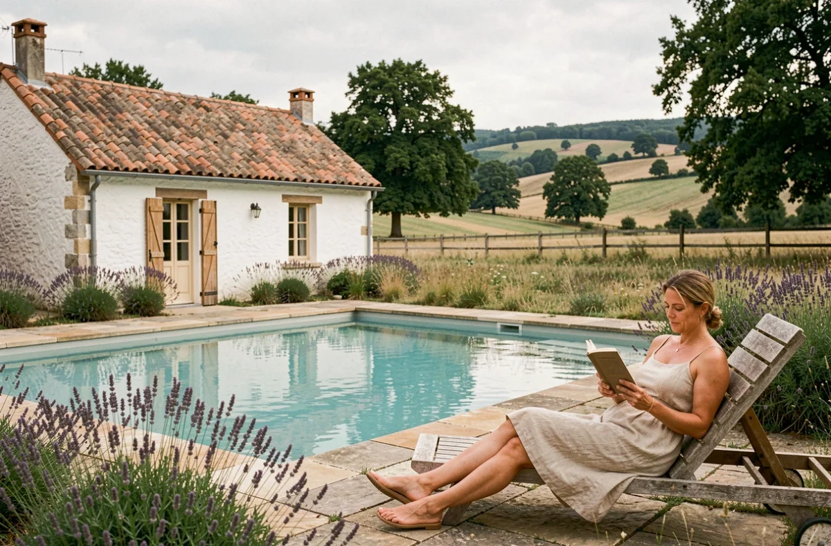 Gîte Le Bel Air Pur en Auvergne avec piscine turquoise sur terrasse en pierre et prairie environnante