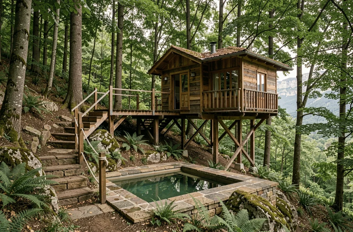 Gîte Le Nid perché dans les arbres en Ardèche avec piscine en pierre intégrée dans un écrin de forêt