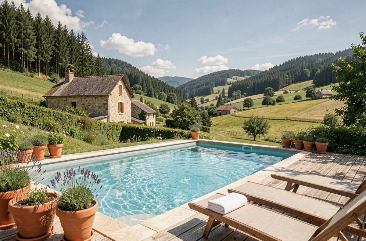 Piscine privée dans un gîte de campagne en Auvergne-Rhône-Alpes avec vue sur les collines verdoyantes
