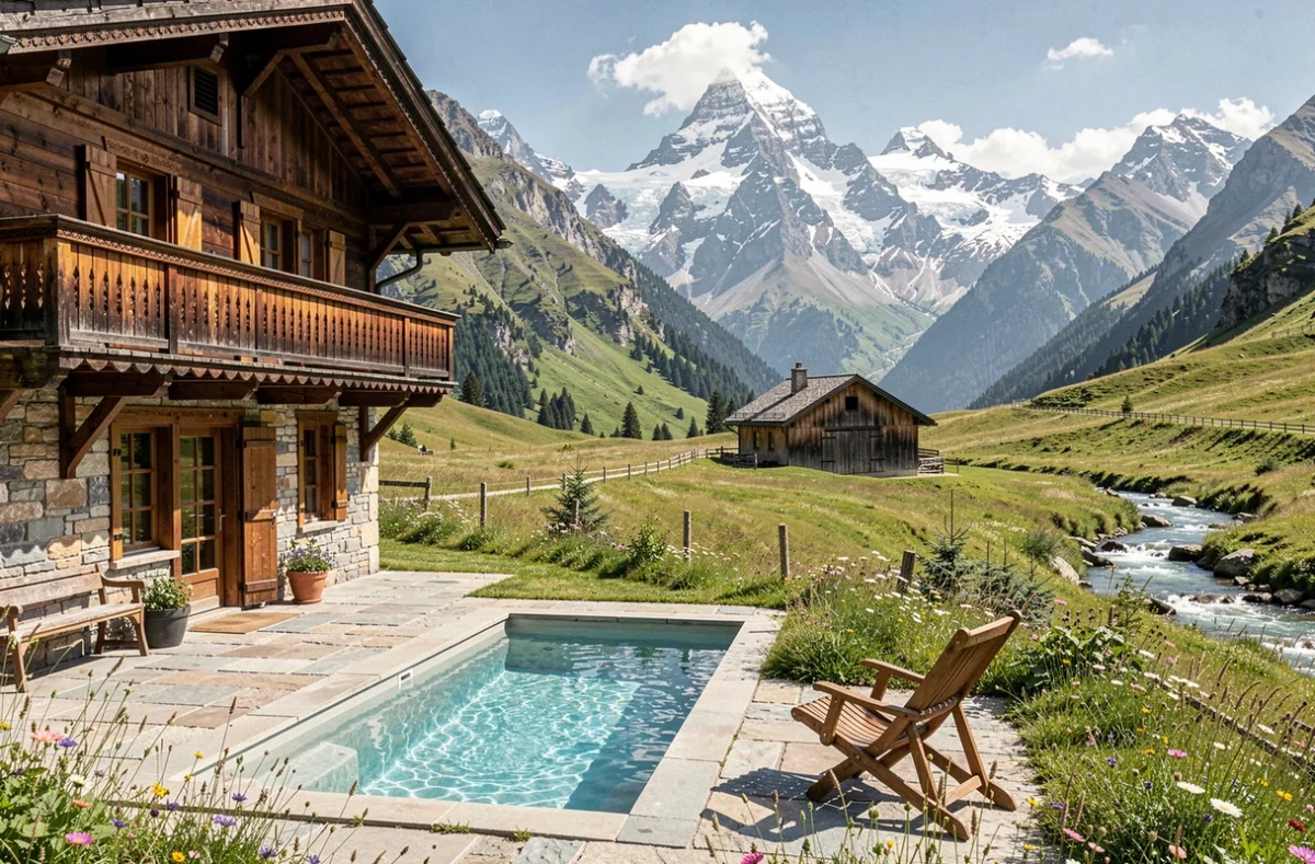 Gîte de France Savoie Mont-Blanc avec piscine chauffée sur terrasse alpine face aux sommets enneigés