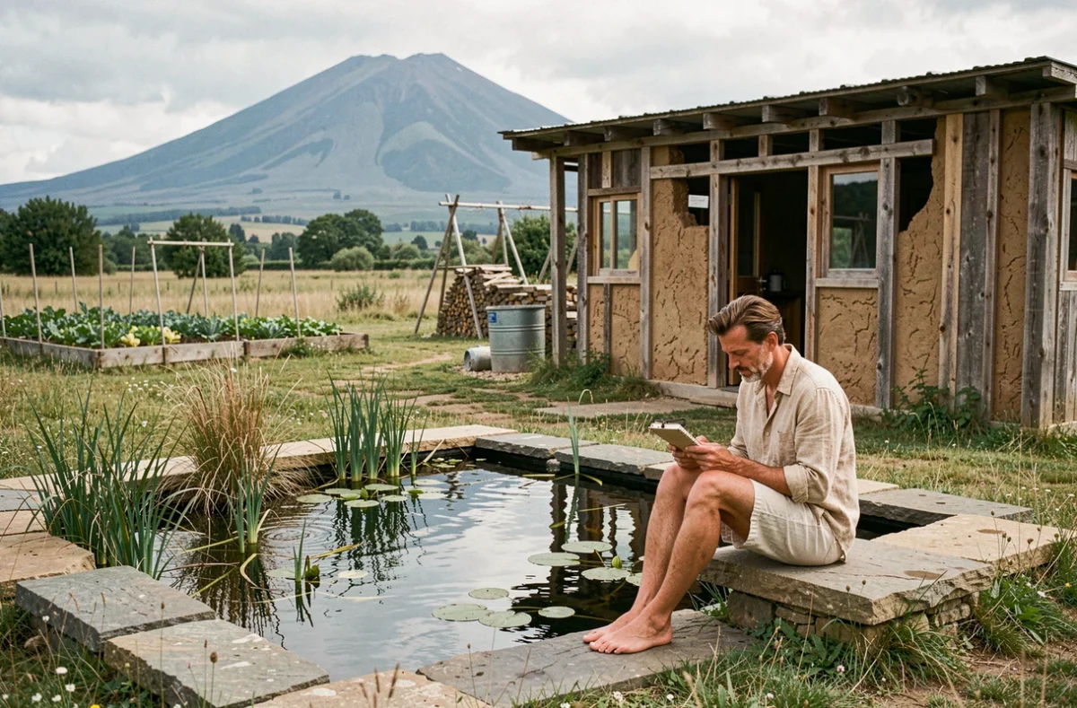 Hébergement écoresponsable GreenGo en Auvergne avec bassin de baignade naturel en prairie volcanique