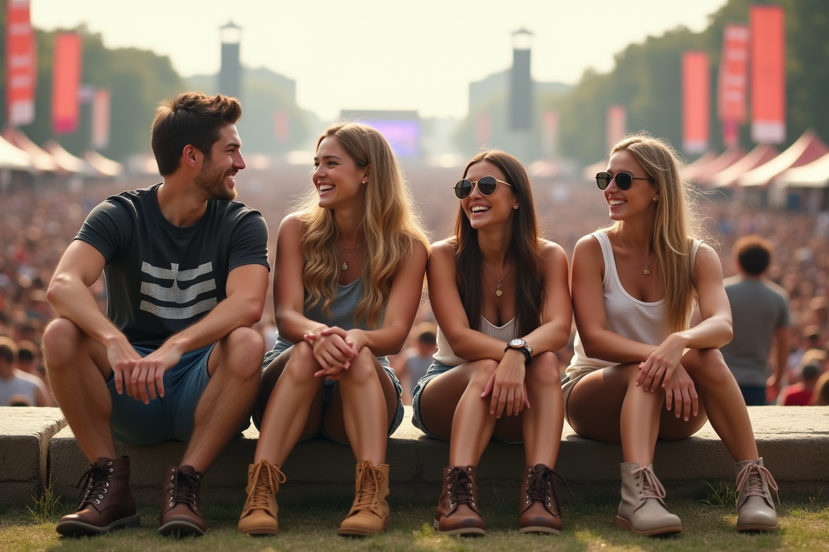 Jeunes adultes souriants lors d un festival en plein air