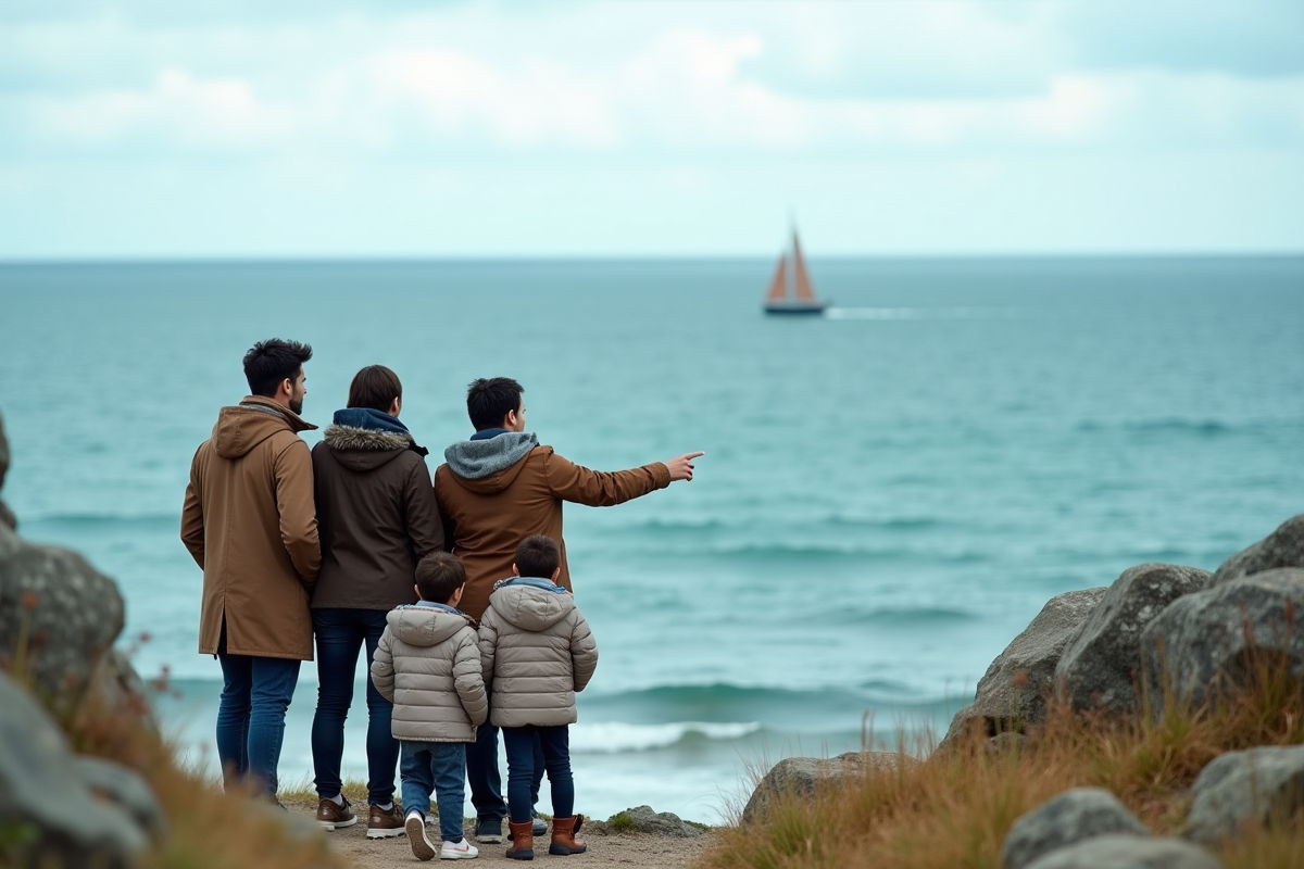 Groupe multiculturel sur la côte regardant un voilier