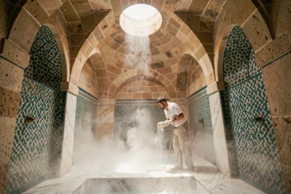 Intérieur d'un hammam traditionnel à Tanger avec carrelage zellige et vapeur montant du sol en marbre
