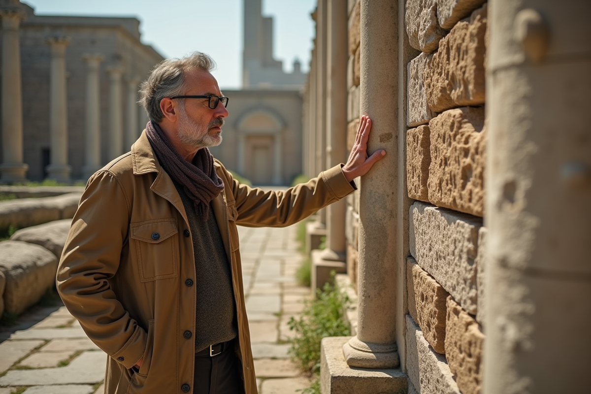Historien au milieu des ruines antiques en pleine nature