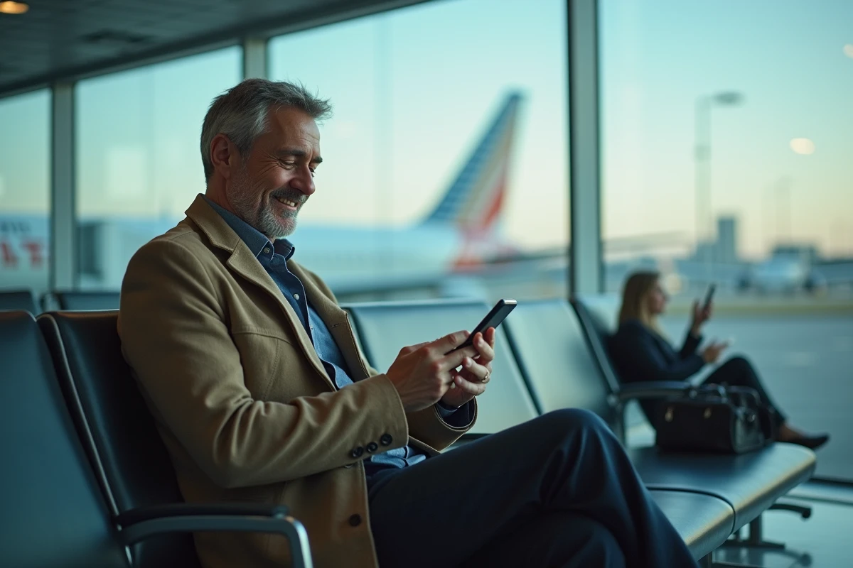 Homme souriant à l'aéroport envoyant un message de bonnes vacances avant son départ