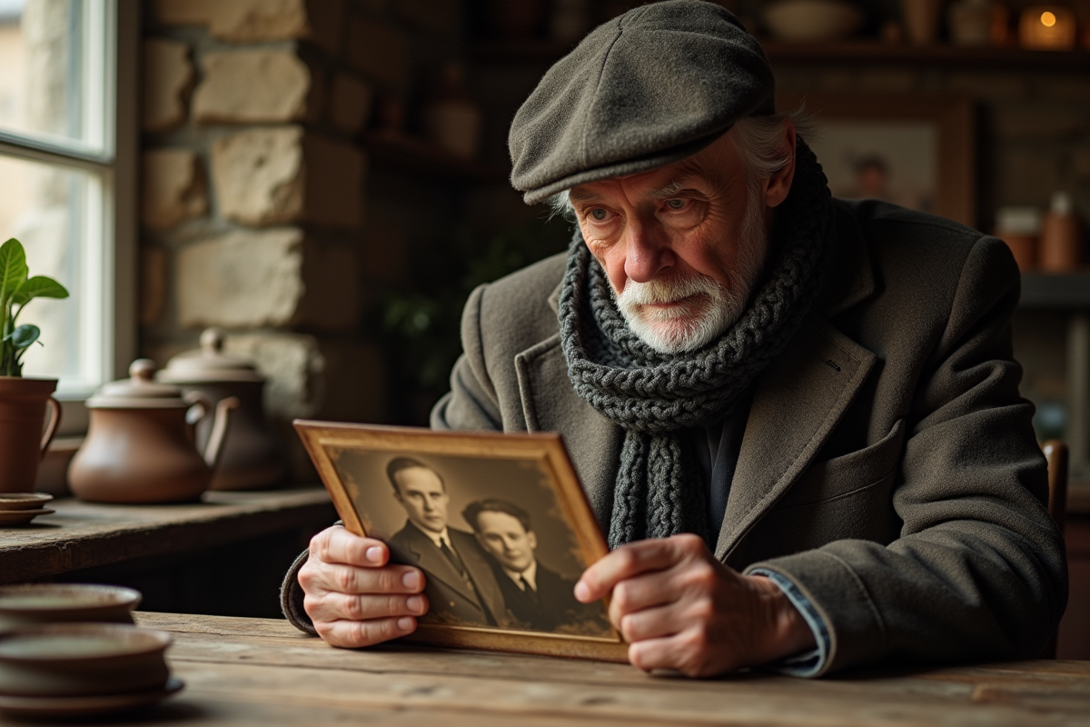 Homme âgé français tenant une photo ancienne dans sa cuisine