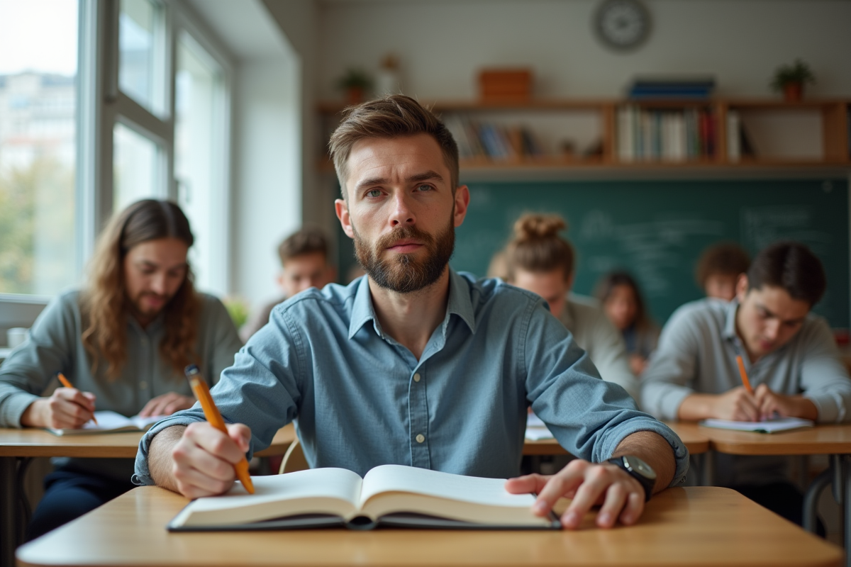 Homme étudiant attentif dans salle de classe lumineuse