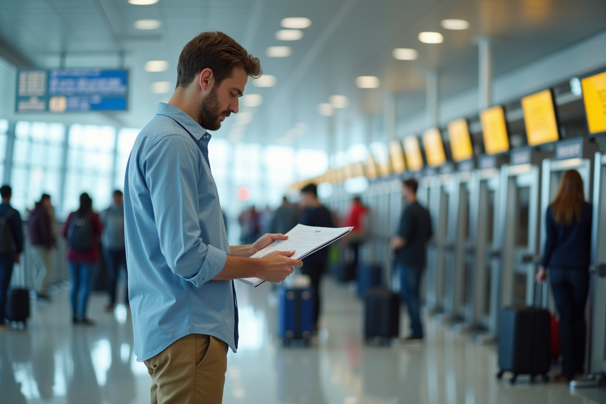 Jeune homme en ligne à l’aéroport vérifie ses formulaires de voyage