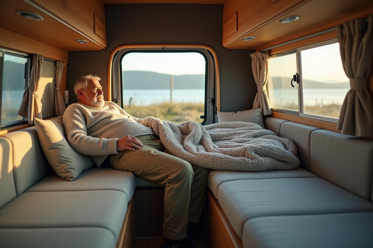 Homme âgé dans un van aménagé au bord du lac
