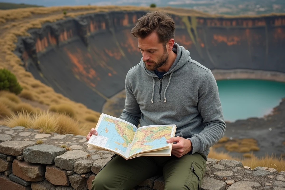 Homme étudiant une carte géologique des volcans italiens dans les Champs Phlégréens près de Naples