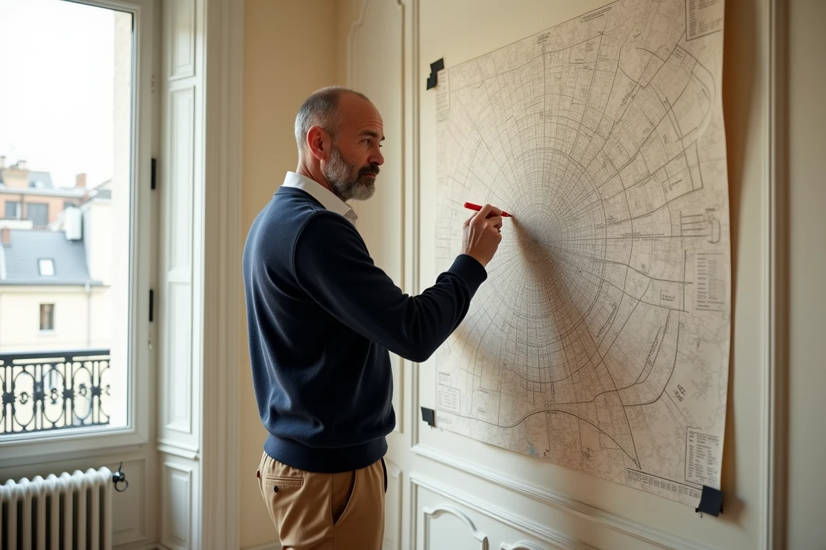 Homme planifiant un séjour à Paris devant une grande carte imprimée des arrondissements fixée au mur