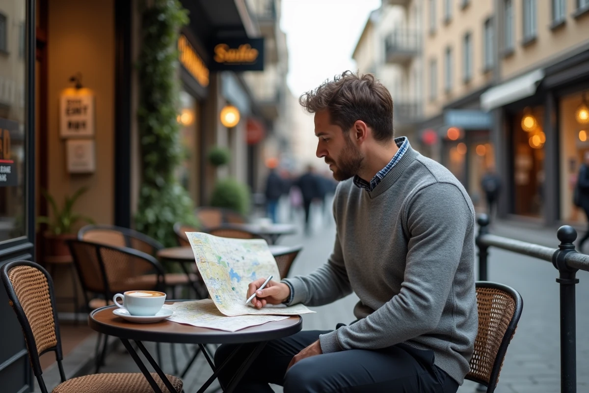 Homme &eacute;tudiant une carte touristique en papier &agrave; la terrasse d'un caf&eacute; dans une ville inconnue