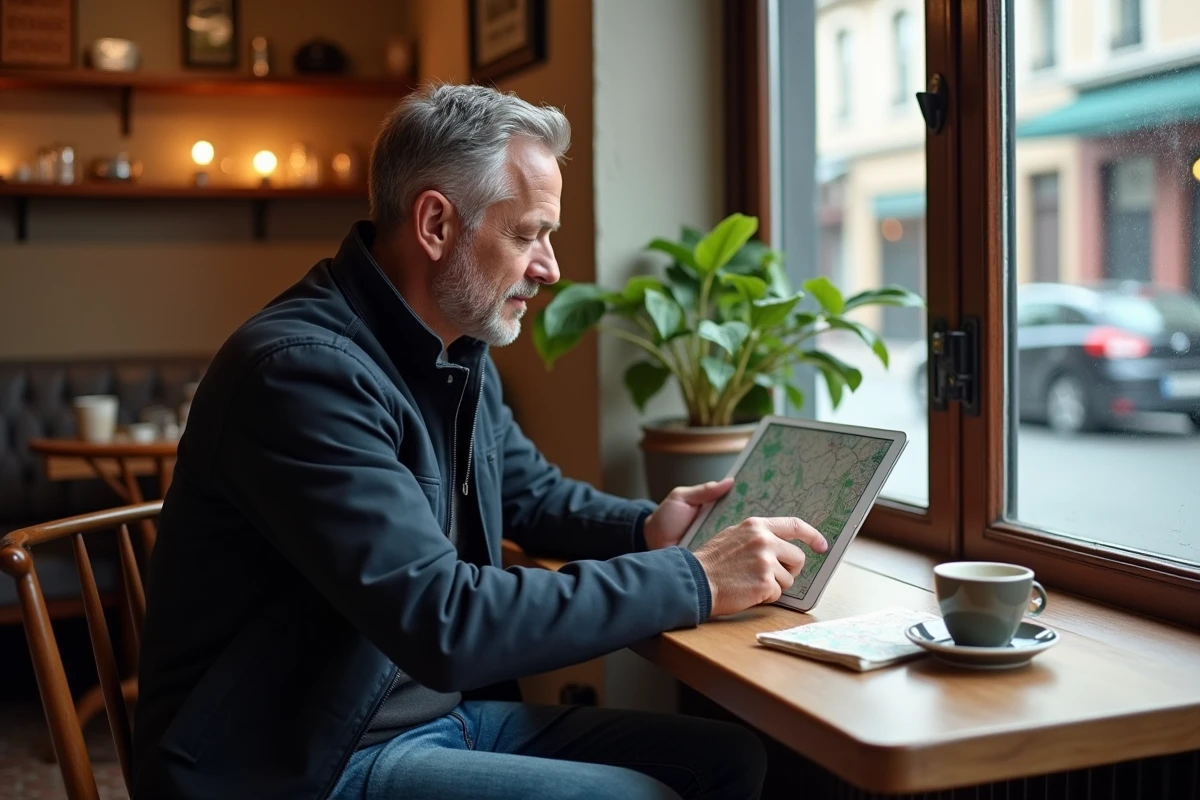 Homme comparant deux applications de cartographie sur une tablette dans un café français avec une carte papier posée à côté